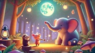 Elefante y cerdito escuchando una melodía inquietante bajo la luz de la luna