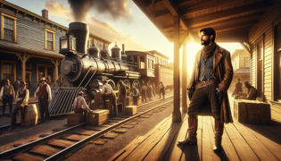 Casey Jones se tiennent fièrement sur un quai de train baigné de soleil, avec de la vapeur et des ombres en arrière-plan.