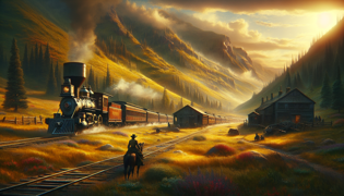 Une vue dynamique d'une locomotive à vapeur naviguant sur des collines baignées de lumière, avec des ombres dansantes.