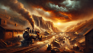 Un train dramatique du 19ème siècle luttant contre une violente tempête au milieu de cieux sombres et turbulents.