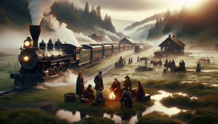 ## Une scène réfléchissante
Une locomotive à vapeur traverse un paysage rural embrumé et chargé de rosée.