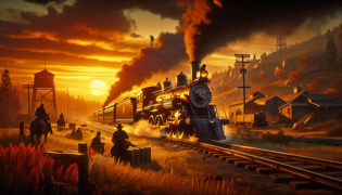 Une locomotive à vapeur triomphante filant sous un coucher de soleil éclatant, symbolisant un ultime voyage héroïque.