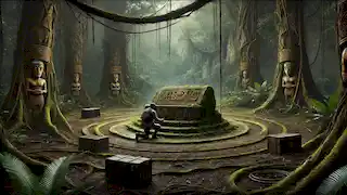 El equipo descubre un antiguo altar de piedra cubierto de musgo en un claro de la jungla, revelando extrañas grabaciones.