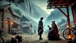 Rostam habla con un sabio hechicero en un pueblo místico, aprendiendo el secreto para derrotar al Demonio Blanco.
