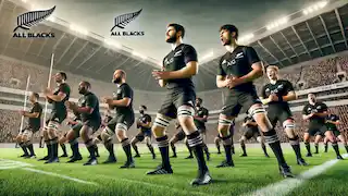 El equipo de rugby All Blacks de Nueva Zelanda realizando el haka en un estadio antes de un partido, con espectadores al fondo.
