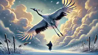 Una grulla de plumas desgastadas vuela hacia un cielo nublado y invernal, mientras Takao observa desde abajo con tristeza.