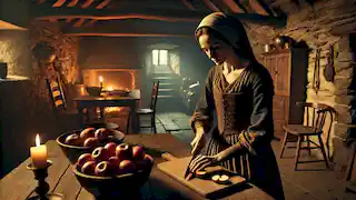 Una madrastra corta manzanas en una oscura cocina medieval con una expresión fría y calculadora.