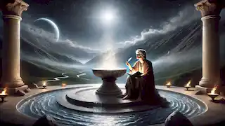 Darian se sienta junto a la resplandeciente Fuente de Plata por la noche, escribiendo en un diario bajo un tranquilo cielo iluminado por la luna.