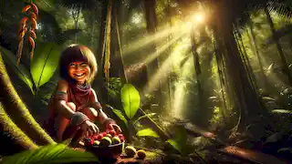 Joven niño indígena recolectando frutas en la selva amazónica, sonriendo con alegría e inocencia.