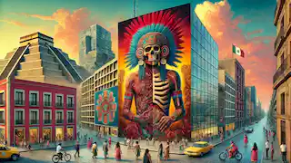 El México actual con un mural de Xipe Tótec que fusiona elementos culturales antiguos y contemporáneos.