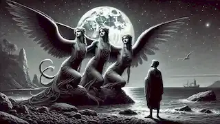 Teodosio se encuentra con tres sirenas, mitad humanas y mitad aves, posadas en un saliente rocoso bajo la luz de la luna.