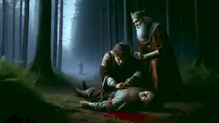 El rey se arrodilla junto a un hombre herido, vendando su costado mientras el ermitaño observa con preocupación.