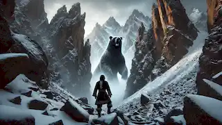 Samai se encuentra frente al enorme oso negro, Espíritu de la Tierra, en la neblinosa cima de una montaña Altai.