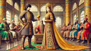 Alpamys presenta la Copa de Oro de Tengri al Khan en una majestuosa sala, mientras Gulbarshin observa atentamente.