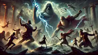 Zeus, Poseidon und Hades kämpfen gegen Kronos und die Titanen auf einem stürmischen Schlachtfeld, umgeben von erhabenen Bergen und tobenden Meeren.