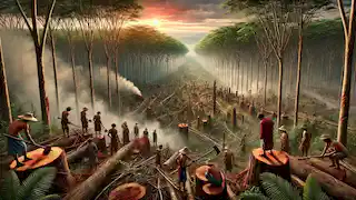 Los trabajadores talan árboles en la Amazonía para despejar tierras para plantaciones de caucho, con el humo elevándose y un sol poniente de fondo.