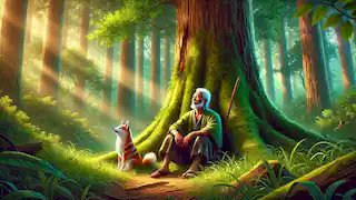 El anciano Hiroshi se sienta junto al bake-danuki en el bosque, compartiendo una tranquila despedida.