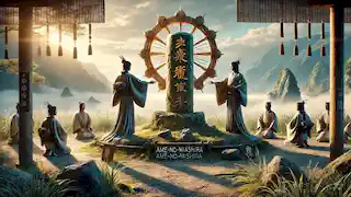 Izanagi e Izanami realizando un ritual sagrado alrededor del pilar Ame-no-Mihashira para crear las islas de Japón.