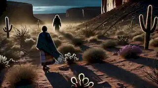 Leona camina sola en el desierto al crepúsculo, seguida por una oscura silueta que se mueve entre los cactus detrás de ella.