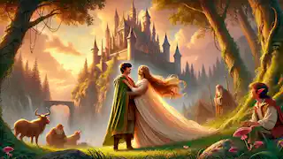 La princesa y Valemon, ahora humano, se abrazan frente al castillo del troll mientras la luz del sol se filtra entre las nubes.