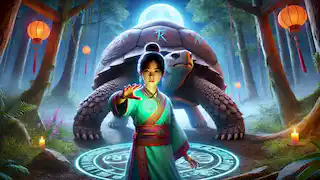 La chica del pueblo, Mei, se mantiene valiente junto a la Tortuga Negra, sosteniendo un resplandeciente colgante de jade cerca de un lago iluminado por la luna.