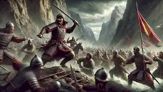 Manas lidera una emboscada contra las fuerzas kalmykas en un estrecho paso de montaña durante una feroz batalla.