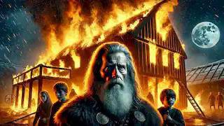 La quema de la casa de Njál, con Njál, Bergþóra y sus hijos dentro, envuelta en llamas.