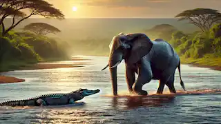 El elefante y el cocodrilo cruzan juntos un amplio río, guiados por su lazo de amistad.