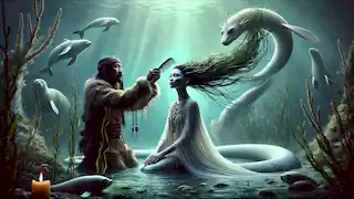 El chamán Qiluq peina el cabello de Sedna bajo el agua mientras los animales marinos nadan a su alrededor en una luz resplandeciente.