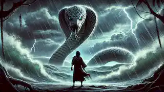 Awan steht am stürmischen Seeufer, bereit für sein Opfer, während die Große Schlange sich im Wasser windet und zuschaut.