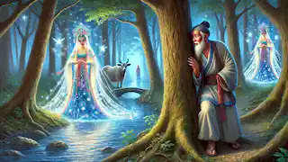 Niulang, el vaquero, observa a Zhinu y a las doncellas celestiales bañándose en un sereno río dentro de un bosque mágico.