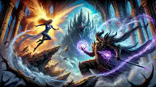 Elara luchando contra el oscuro hechicero Malakar en su fortaleza.
