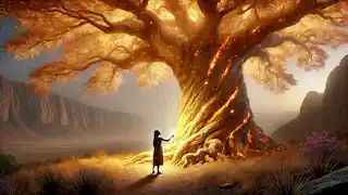 Naledi se encuentra a los pies del mágico árbol Ubukhazikhazi, tocando su corteza resplandeciente con asombro y reverencia.