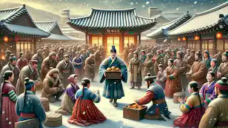 Jin comparte el tesoro con los aldeanos.
