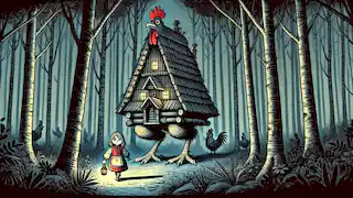 Vasilisa, una joven con una expresión decidida, se acerca a la cabaña de Baba Yaga en el oscuro bosque.