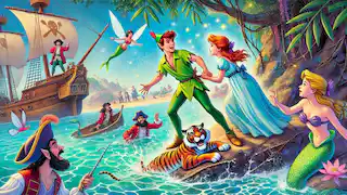 Peter Pan y Wendy rescatando a Tiger Lily de los piratas de Hook cerca de la laguna de las sirenas.