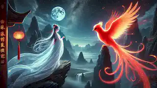 Zhuque y Chang’e, la diosa de la luna, se encuentran en un acantilado bajo las estrellas, brillando con una luz divina.