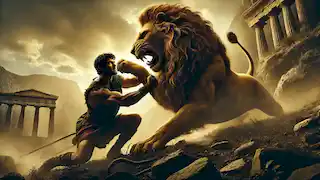 Heracles luchando contra el León de Nemea en un paisaje áspero, con expresiones intensas y una iluminación dramática.