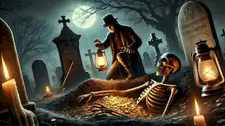 Sardonicus desenterrando la tumba de su padre a la luz de una linterna, sacando monedas de oro de la mano de un esqueleto en un cementerio iluminado por la luna.