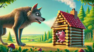 El lobo soplando la casa de paja del segundo cerdito.