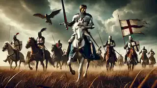 El rey Arturo lidera a sus caballeros en la batalla, sosteniendo a Excalibur en alto mientras nubes oscuras se ciernen sobre el campo de batalla.