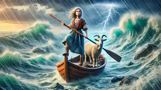 Tatterhood se mantiene firme en un barco de madera en un mar tempestuoso, sosteniendo su cuchara de madera con su cabra a su lado.