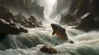 Li, la carpa, lucha contra las violentas corrientes mientras nada entre las rocas afiladas de un río tumultuoso.
