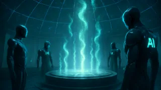 Una aguja de cromo negro iluminada por orbes de datos liberados que se elevan hacia una cúpula estrellada