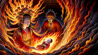 Izanami da a luz a Kagutsuchi, el dios del fuego, mientras Izanagi lo observa horrorizado, rodeado de llamas.