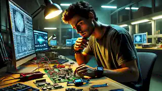 Alex trabajando hasta tarde en la noche en un laboratorio desordenado, rodeado de dispositivos electrónicos, ajustando su dispositivo Memo con intensa concentración.