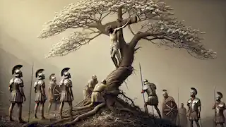 Römische Soldaten fällen den Hartriegelbaum auf einem kahlen Hügel unter einem bewölkten Himmel.