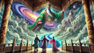 El Emperador de Jade separa a Zhinu y Niulang con un río de estrellas mientras sus hijos observan con desesperación.
