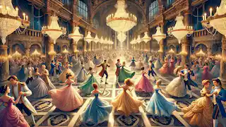 Princesas y príncipes bailando alegremente en un gran salón de palacio, adornado con candelabros de cristal y suelos de mármol.