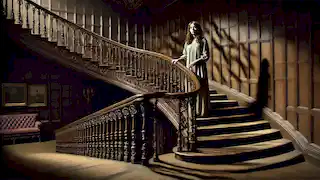 Eleanor, angustiada, se encuentra en la cima de una gran escalera en Hill House, aferrándose al pasamanos mientras sombras se proyectan en las paredes.